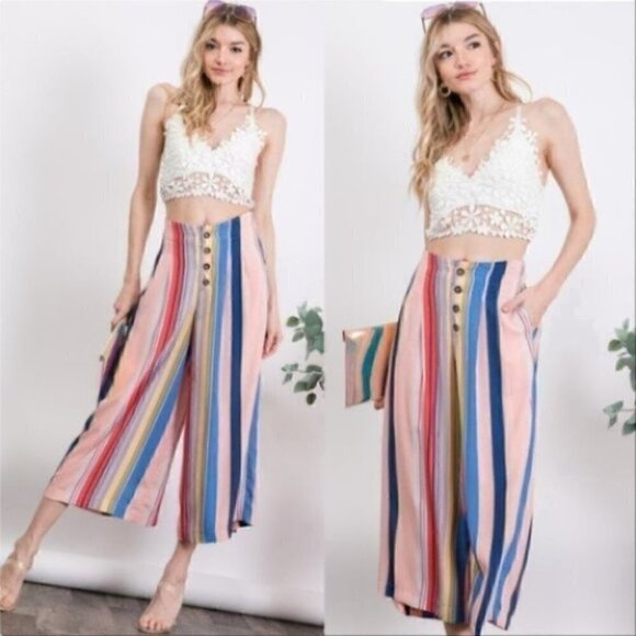 VIBRANT BOLD STRIPE PRINT CROPPED WIDE LEG… - Picture 1 of 4